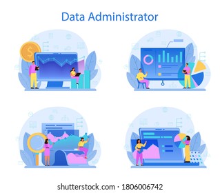 Data base administrator concept set. Female and male character working at data center. Modern computer technology, IT profession idea. Isolated vector illustration