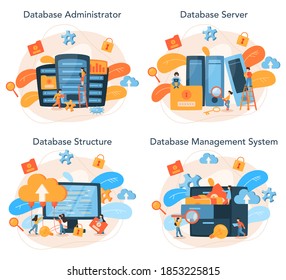 Data base administrator concept set. IT professional specialist working at data center. Modern computer technology. Isolated vector illustration