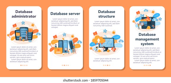 Data base administrator mobile application banner set. IT professional specialist working at data center. Modern computer technology. Isolated vector illustration
