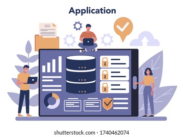 Data base administrator online service or platform. Female and male character working at data center. Application. Isolated vector illustration