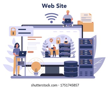 Data base administrator online service or platform. Female and male character working at data center. Website. Isolated vector illustration
