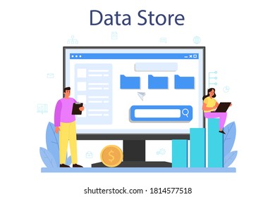 Data base administrator online service or platform. Female and male character working at data center. Data store. Isolated vector illustration