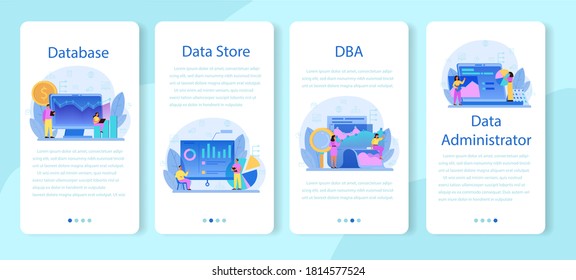 Servicio en línea o conjunto de plataformas del administrador de bases de datos. Carácter femenino y masculino que trabaja en el centro de datos. Tecnología informática moderna, idea de profesión de TI. Ilustración vectorial aislada