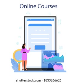 Data base administrator online service or platform. Female and male character working at data center. Online course. Isolated vector illustration
