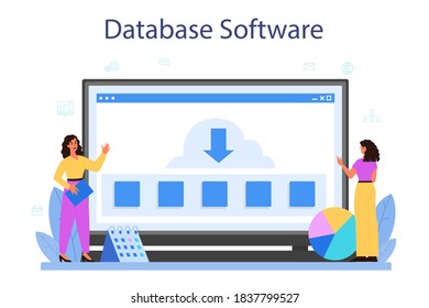 Data base administrator online service or platform. Female and male character working at data center. Database software. Isolated vector illustration