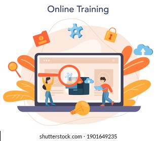 Servicio o plataforma en línea del administrador de bases de datos. Profesional de TI trabajando en el centro de datos. Formación en línea. Ilustración vectorial aislada