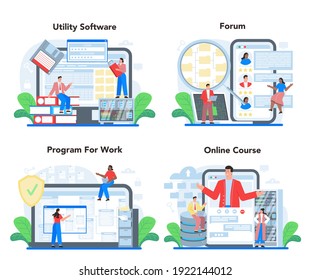 Servicio en línea o conjunto de plataformas del administrador de bases de datos. Administrador o administrador en el centro de datos. Tecnología informática moderna, idea de profesión de TI. Curso en línea, foro, software de trabajo. Ilustración vectorial plana