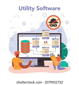 Data base administrator online service or platform. Manager working at data center. Data protection, backup and restore. Online utility software. Flat vector illustration