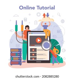 Datenbankadministrator-Onlineservice oder -plattform. Manager arbeitet im Rechenzentrum. Datenschutz, Datensicherung und Wiederherstellung. Online-Tutorial. Flache Vektorgrafik