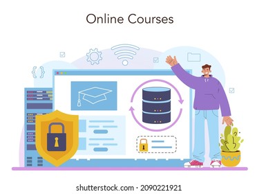 Data base administrator online service or platform. Manager working at data center. Data protection, backup, restore. Online course. Vector illustration