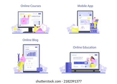 Data base administrator online service or platform set. Manager working at data center, maintaining servers work. Online course, education, blog, mobile app. Flat vector illustration