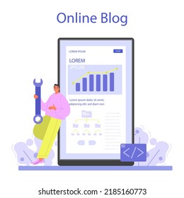 Data base administrator online service or platform. Manager working at data center, maintaining servers work. Online blog. Flat vector illustration
