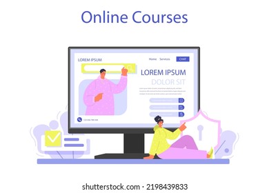 Data base administrator online service or platform. Manager working at data center, maintaining servers work. Online course. Flat vector illustration