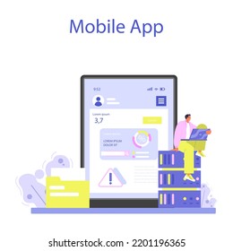 Servicio o plataforma en línea del administrador de bases de datos. Gestor que trabaja en el centro de datos, manteniendo el trabajo de los servidores. Aplicación móvil. Ilustración vectorial plana