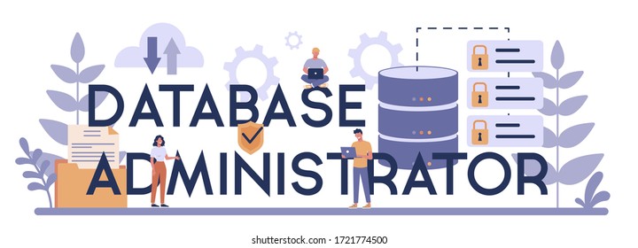 Data Base Administrator Typographic Header Concept. Female And Male Character Working At Data Center. Modern Computer Technology, IT Profession Idea. Isolated Vector Illustration