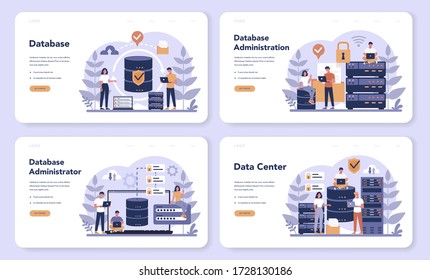 Data base administrator web banner or landing page set. Female and male character working at data center. Modern computer technology, IT profession idea. Isolated vector illustration