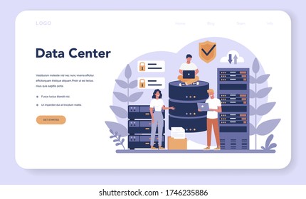 Data base administrator web banner or landing page. Female and male character working at data center. Modern computer technology, IT profession idea. Isolated vector illustration