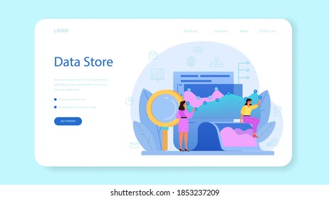 Data base administrator web banner or landing page. Female and male character working at data center. Modern computer technology, IT profession idea. Isolated vector illustration