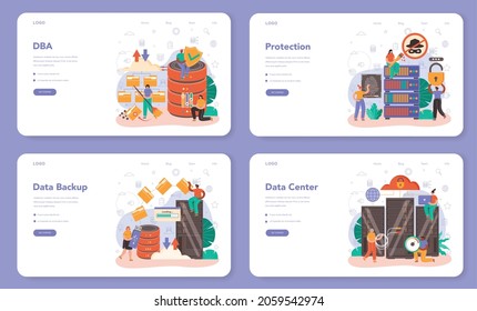 Data base administrator web banner or landing page set. Manager working at data center. Data protection, backup and restore. Modern computer technology, IT profession. Flat vector illustration