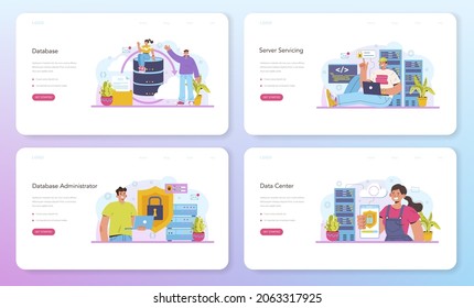 Data base administrator web banner or landing page set. Manager working at data center. Data protection, backup and restore. Modern computer technology, IT profession. Flat vector illustration