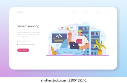 Data base administrator web banner or landing page. Manager working at data center. Data protection, backup and restore. Modern computer technology, IT profession. Flat vector illustration