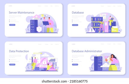 Data base administrator web banner or landing page set. Manager working at data center, maintaining servers work. Data protection, backup and restore. Flat vector illustration