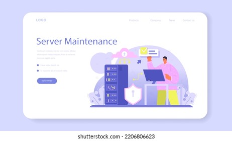 Data base administrator web banner or landing page. Manager working at data center, maintaining servers work. Data protection, backup and restore. Flat vector illustration