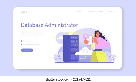 Data base administrator web banner or landing page. Manager working at data center, maintaining servers work. Data protection, backup and restore. Flat vector illustration