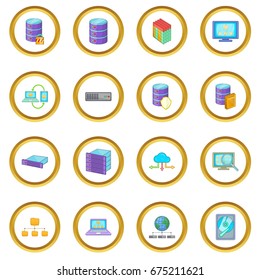 Data base icons circle gold in cartoon style isolate on white background vector illustration