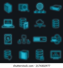 Data base icons set. Illustration of 16 data base vector icons neon color on black