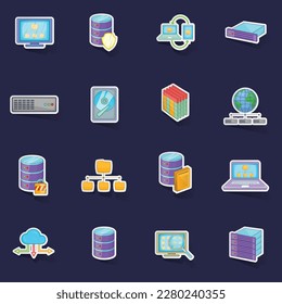 Iconos de base de datos establecen el vector de colección de agitadores con sombra sobre fondo púrpura