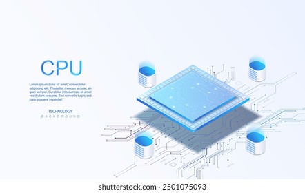 Data base quantum computer banner. Data processing server room with futuristic CPU. Computer network with processor and circuit board. CPU isometric vector background.