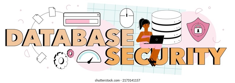 Data base security typographic header. Administrator working at data center. Data protection, backup and restore. Modern computer technology, IT profession. Flat vector illustration