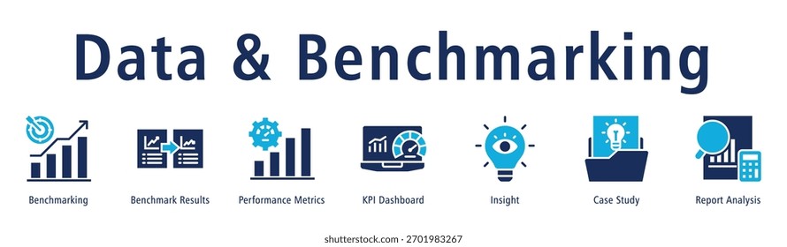 Web Concepto de Ilustración vectorial de íconos de Anuncio de datos y evaluación comparativa con íconos de evaluación comparativa, resultados de pruebas comparativas, métricas de rendimiento, tablero de KPI, información, estudio de casos y análisis de informes.