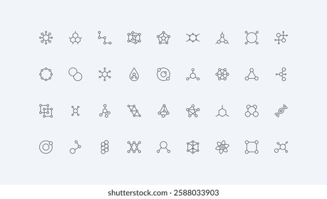 Data and bio cell, network of particles, electron and proton thin black outline symbols vector illustration. Chemistry, molecular structure and chemical formula, model of atom line icon set