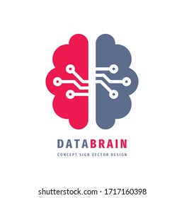 Data Brain - Vector Logo Template Concept Illustration. Digital Mind Sign. Distance Education Thinking Symbol. Creative Idea Icon. Left And Right Hemispheres. 