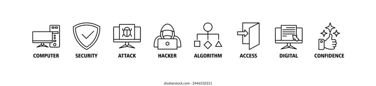 Anuncio de violación de datos concepto de Ilustración vectorial de íconos de Web con ícono de computadora, seguridad, ataque, hacker, algoritmo, acceso, digital y confianza