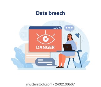 Data breach concept. A concerned woman at her desk faces a computer screen flashing DANGER, indicating a security threat in a tech-savvy environment. Urgency and risk palpable. vector illustration