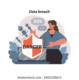 Data breach concept. Concerned woman signals SOS behind a laptop showcasing a danger shield. Immediate threat to cybersecurity and privacy. Flat vector illustration