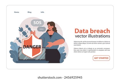 Data breach concept. Concerned woman signals SOS behind a laptop showcasing a danger shield. Immediate threat to cybersecurity and privacy. Flat vector illustration