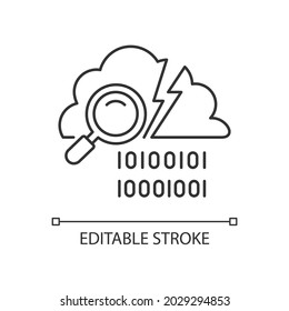 Data breach detection linear icon. Intrusion recognition tool. Protection from potential threats. Thin line customizable illustration. Contour symbol. Vector isolated outline drawing. Editable stroke