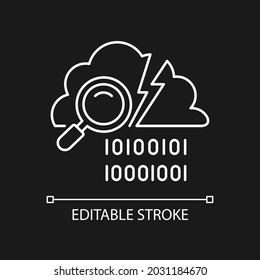 Data breach detection white linear icon for dark theme. Intrusion recognition. Protect from threats. Thin line customizable illustration. Isolated vector contour symbol for night mode. Editable stroke