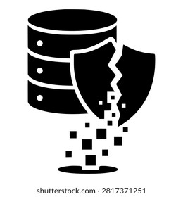Data Breach Icon with Database Server, Cracked Shield and Leaking Data Pixels for Cybersecurity and Information Loss