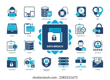 Data Breach icon set. Devices, Hacker, Cyber Attack, Confidentiality, Access, Protect Data, Investigation, Server. Duotone color solid icons