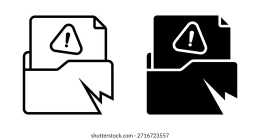 Conjunto de iconos de violación de datos. Una ilustración simple de una carpeta dañada con un signo de error, que representa la pérdida de datos, falla del sistema o archivos dañados. Ilustración vectorial sobre fondo blanco.