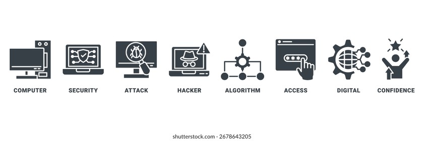 Ícone de violação de dados definir conceito vetorial com ícone do computador, segurança, ataque, hacker, algoritmo, acesso, digital, confiança