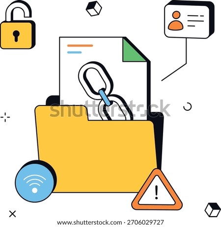 Data breach incident showing a security threat to files, folder, wifi warning. Can be used for cyber security awareness, data protection, or IT security concepts. isometric flat vector illustration.