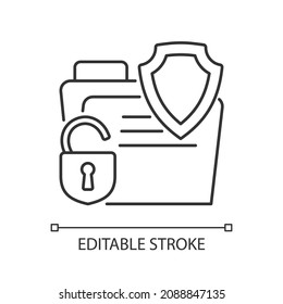 Data breach insurance case linear icon. Digital information protection policy. Thin line customizable illustration. Contour symbol. Vector isolated outline drawing. Editable stroke. Arial font used