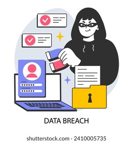 Data breach or leak. Confidential information database breakout. Cybersecurity threat. Hacker got access to a database. Flat vector illustration