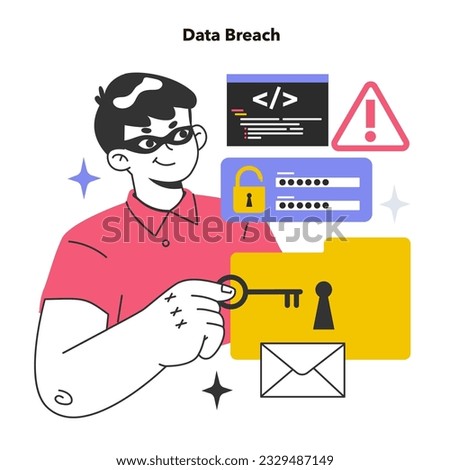 Data breach or leak. Confidential information database breakout. Cybersecurity threat. Hacker got access to a database. Flat vector illustration